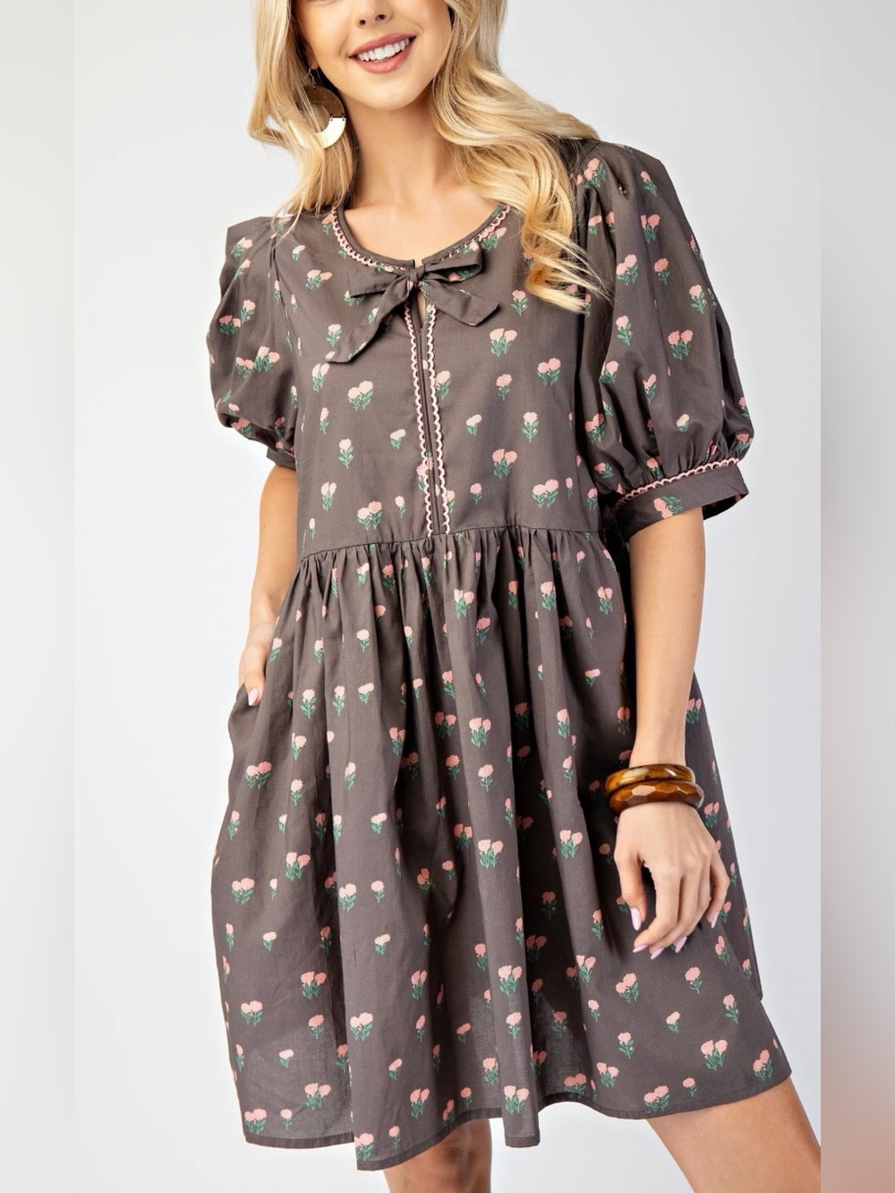 Mini Dress with Bow Tie Neck in greige Floral